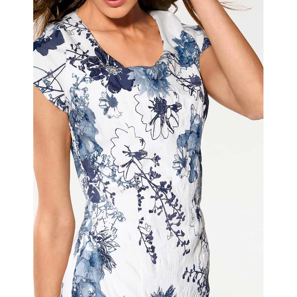 Designer-Stretch-Etuikleid weiß-jeansblau