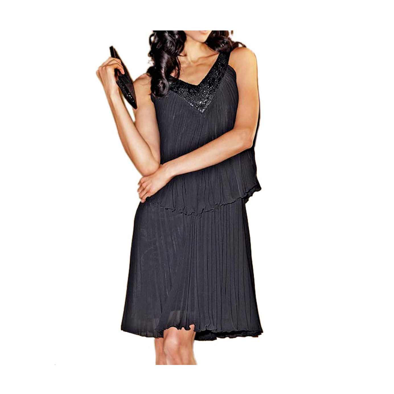 Chiffon-Plisseekleid m. Perlen schwarz