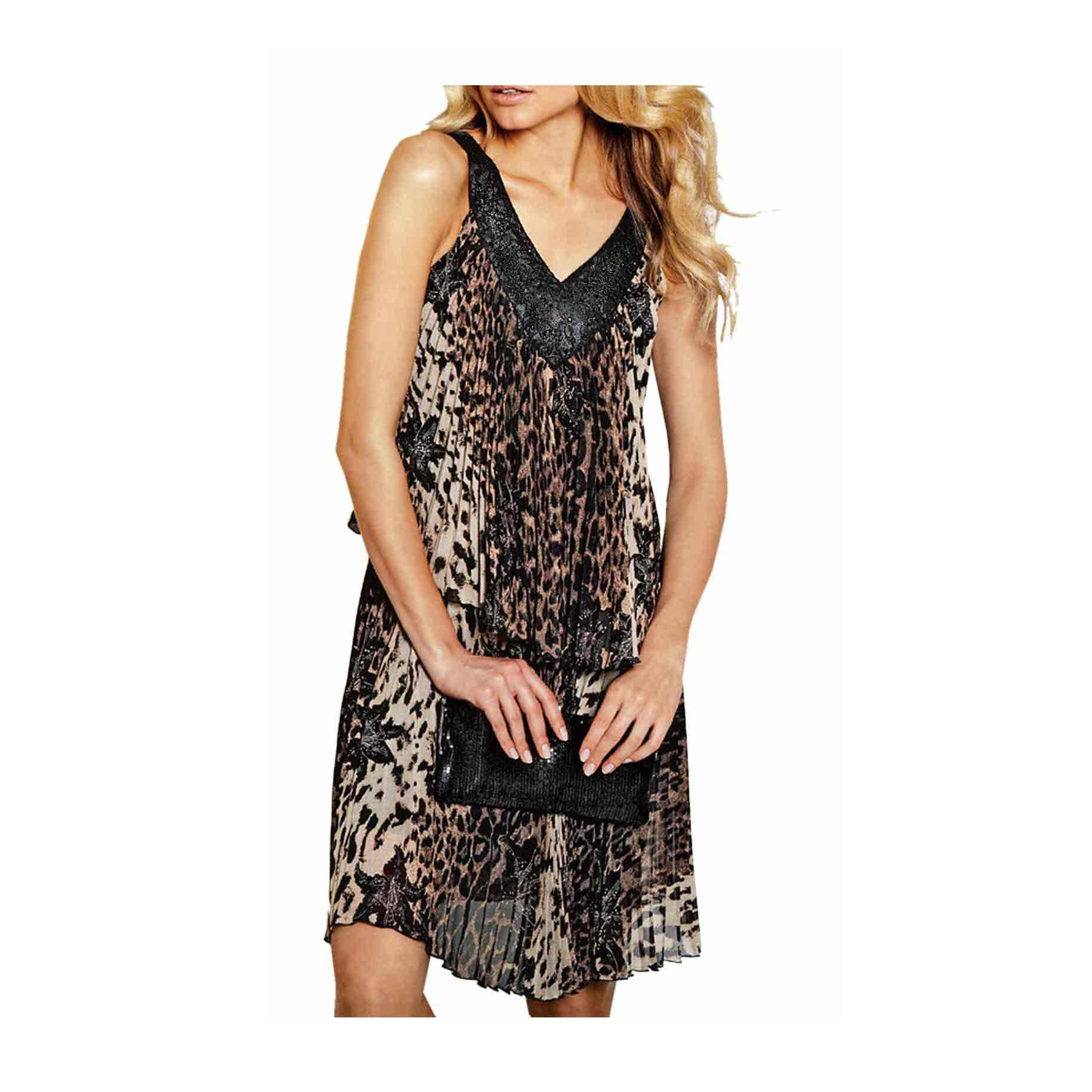Chiffon-Plisseekleid m. Perlen Leomuster