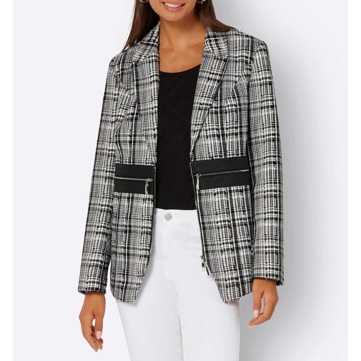 Boucle-Blazer schwarz-weiß-kariert