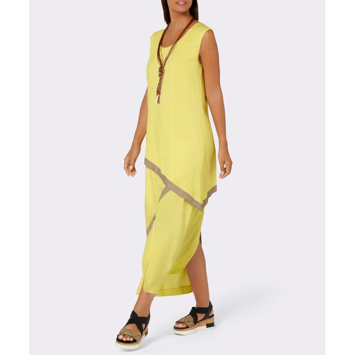 Lagenlook-Kleid m. Kontraststreifen am Saum zitrone