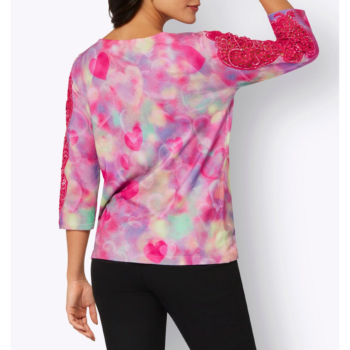 3/4 Arm-Pullover mit Spitzeneinsatz rosé-pink-bedruckt