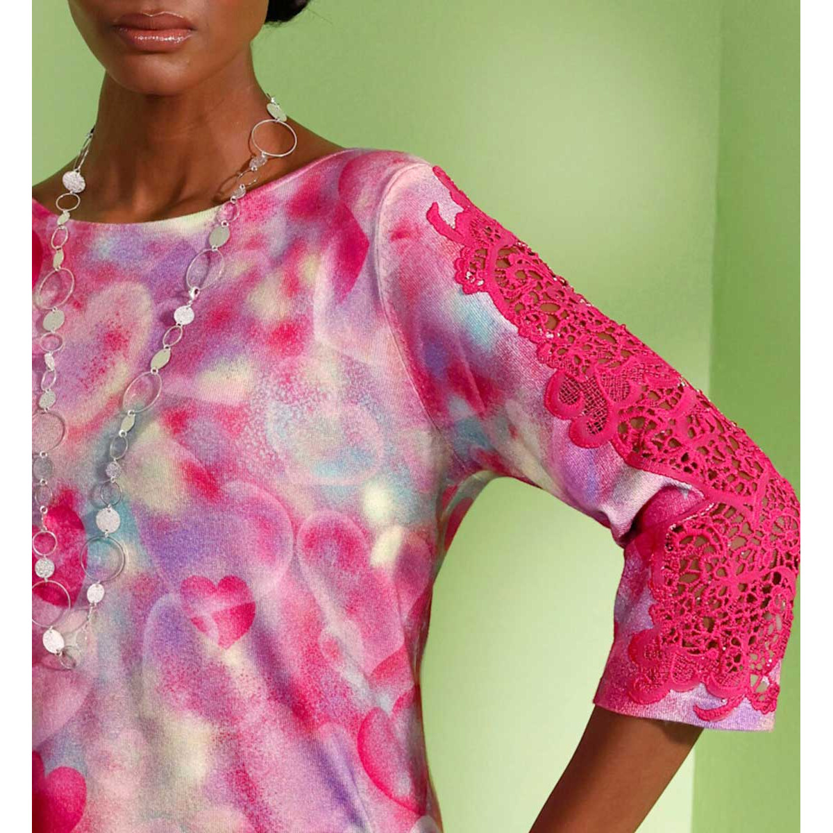3/4 Arm-Pullover mit Spitzeneinsatz rosé-pink-bedruckt