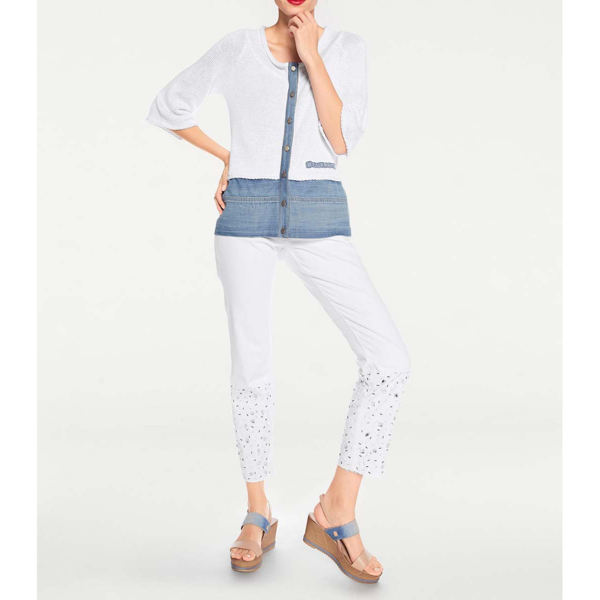 Strickjacke m. Denim weiß-blau