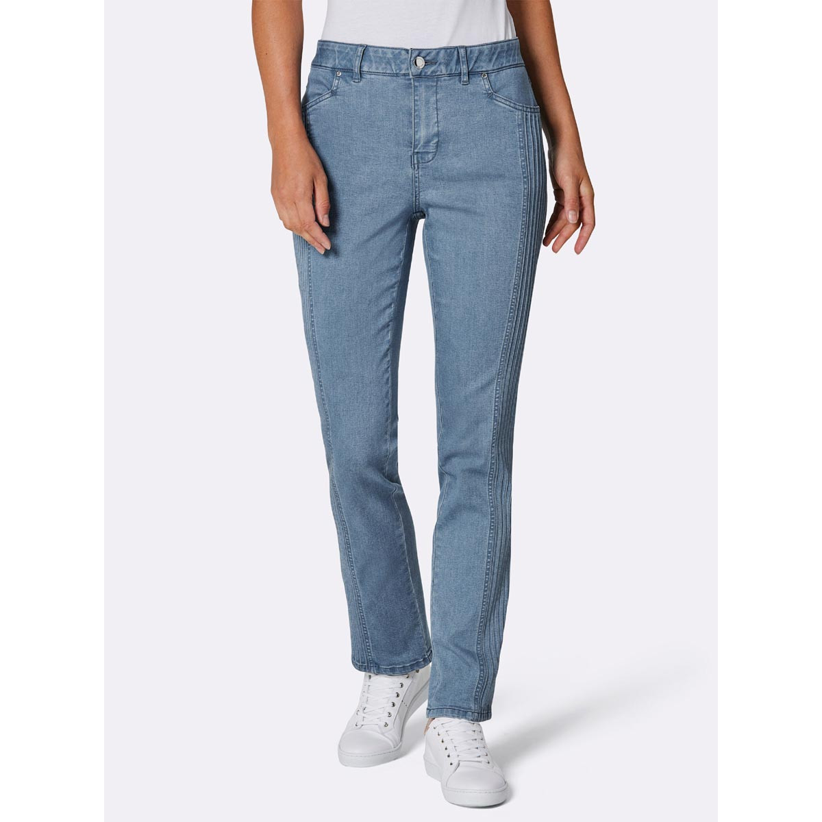 Stretch-Jeans mit seitlichen Biesen blue-bleached