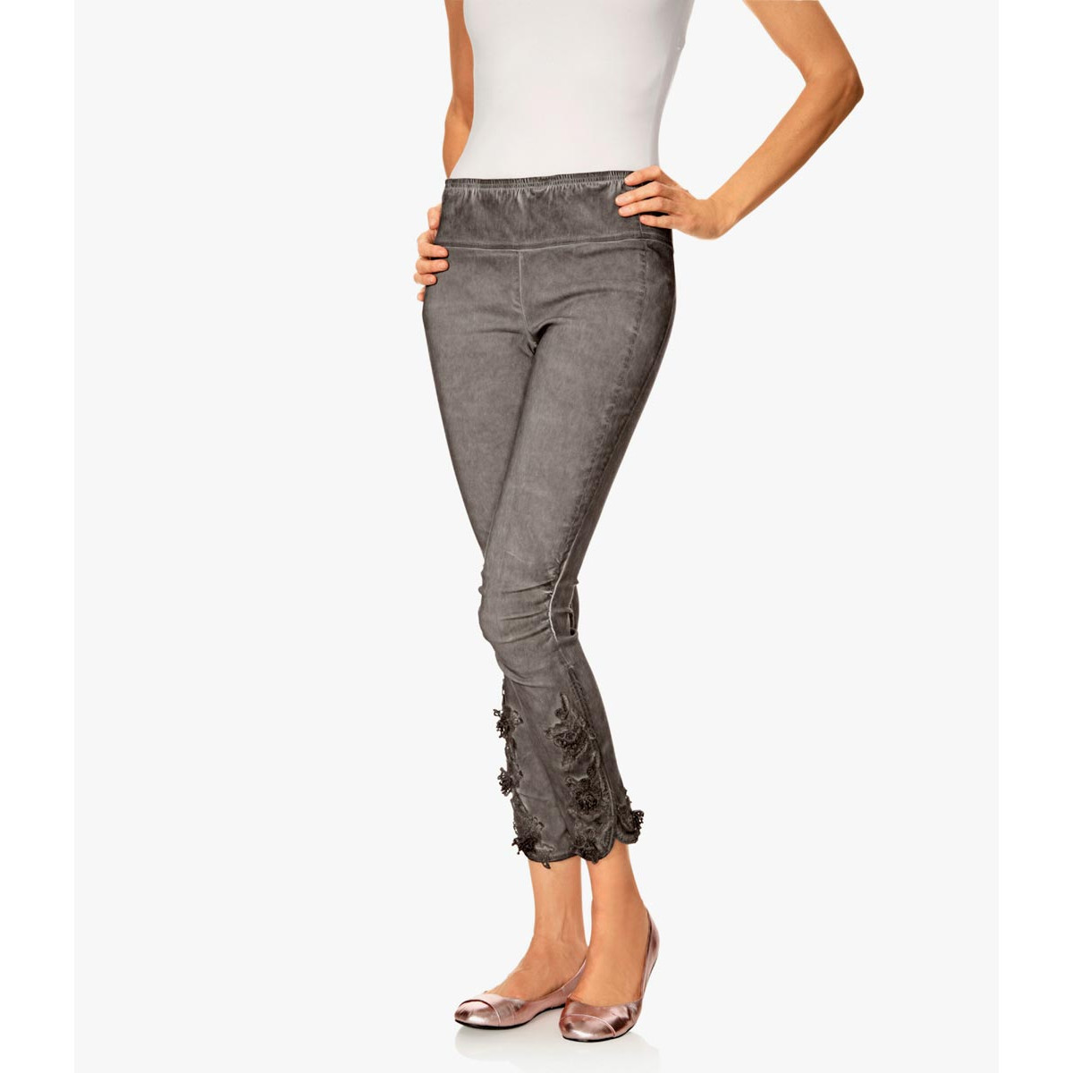 Designer-Skinny-Leggings m. Spitze taupe