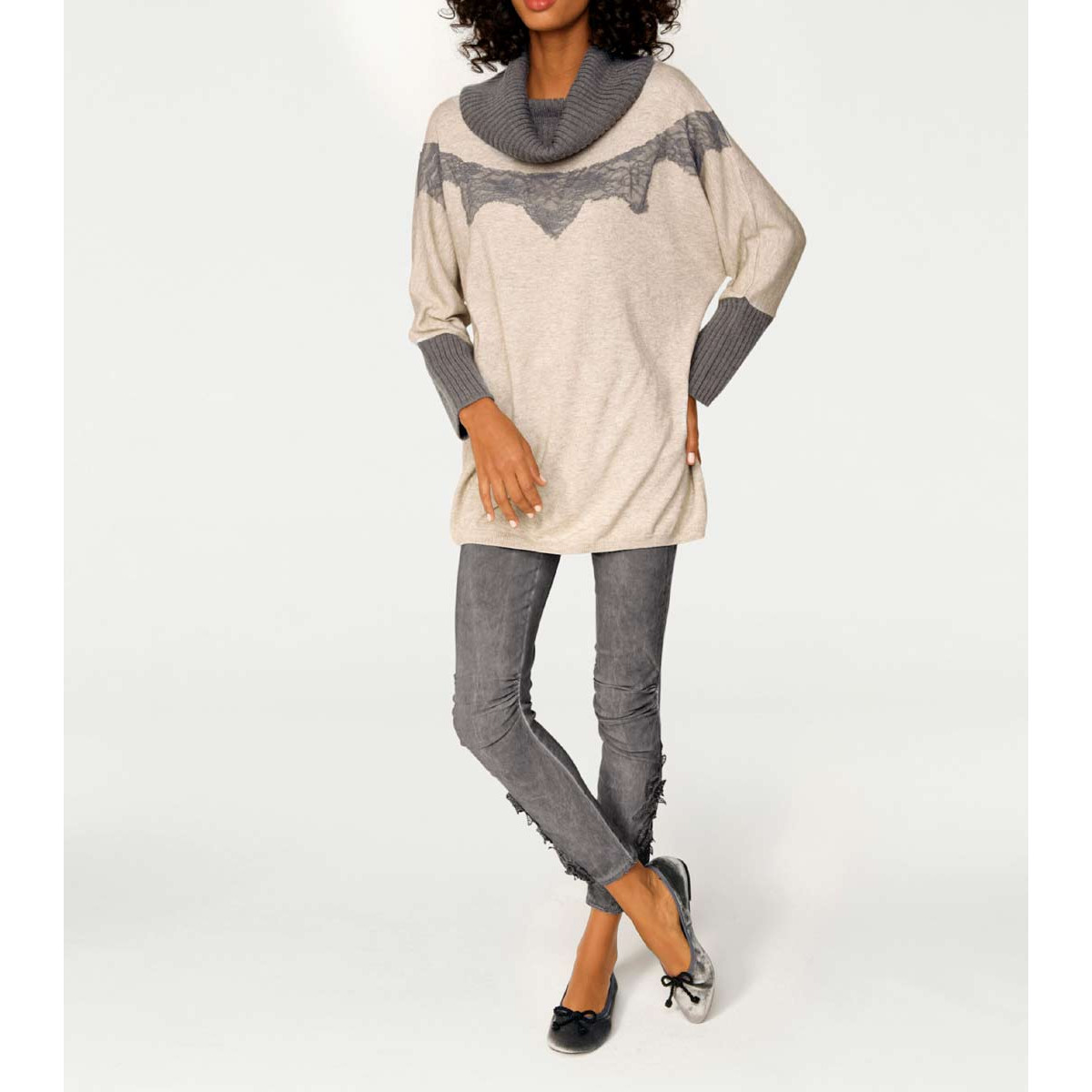 Designer-Skinny-Leggings m. Spitze taupe