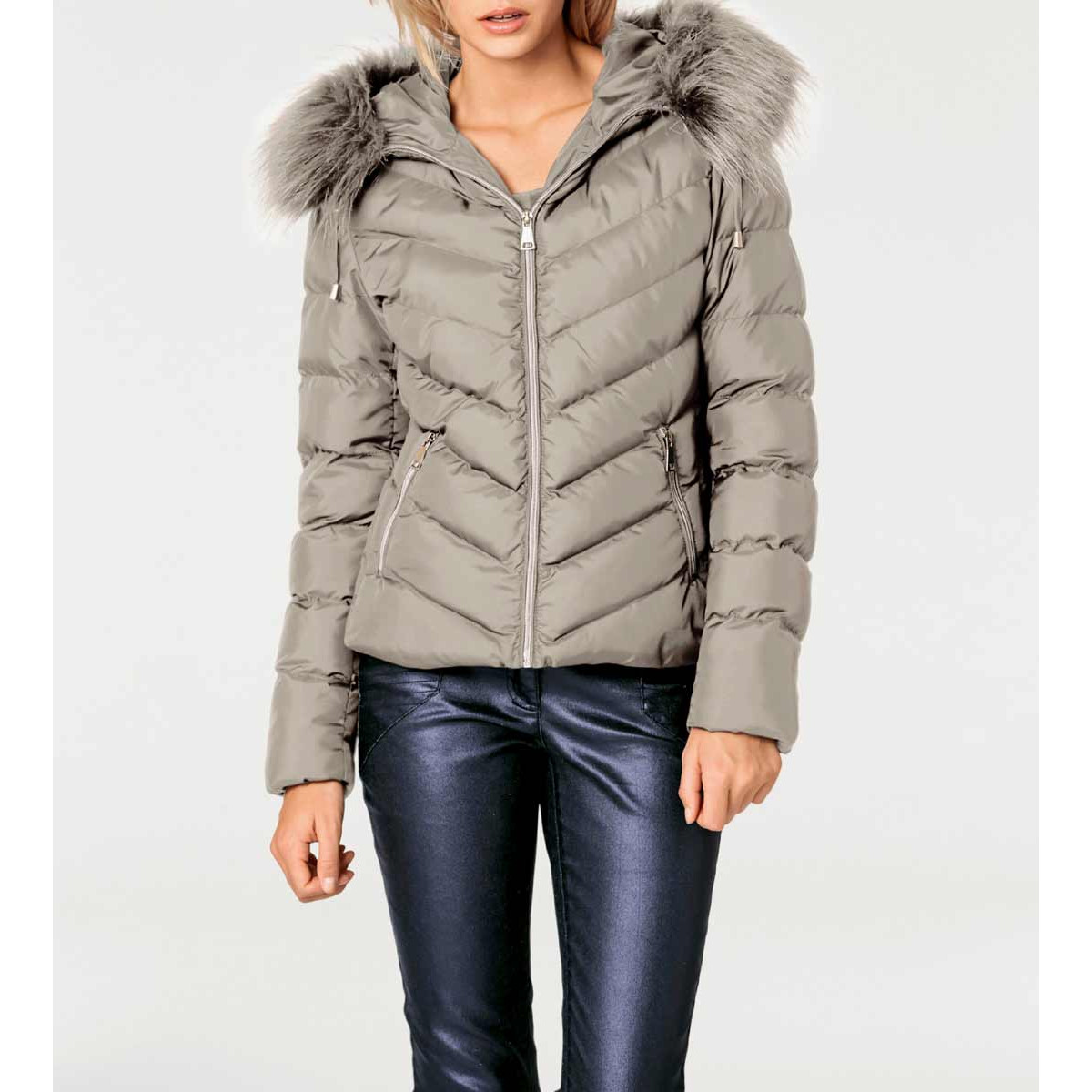 Designer-Steppjacke m. Webpelz taupe