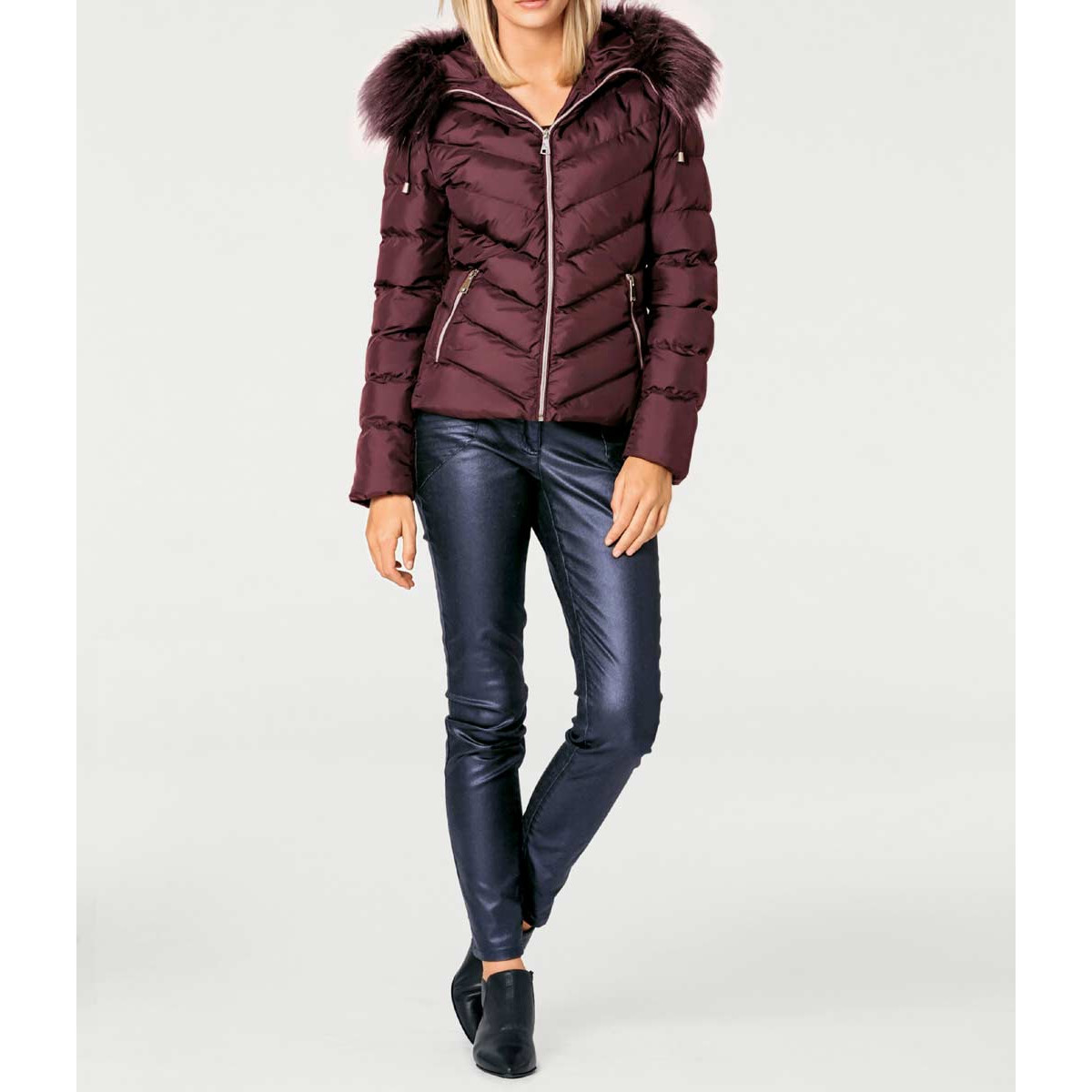 Designer-Steppjacke m. Webpelz bordeaux