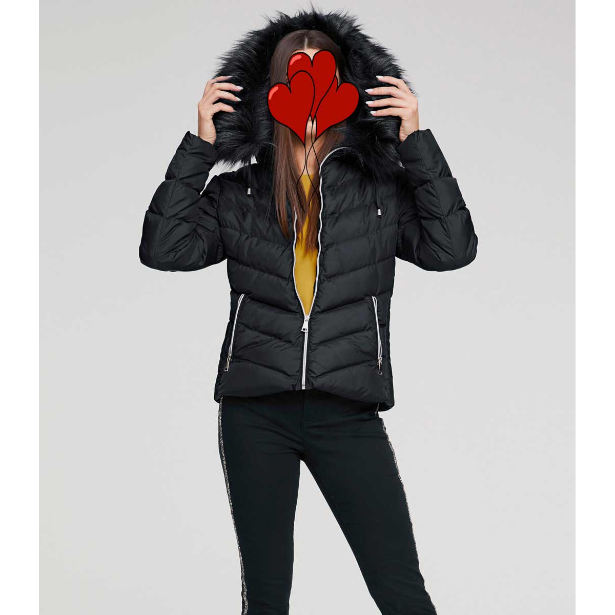Designer-Steppjacke m. Webpelz schwarz