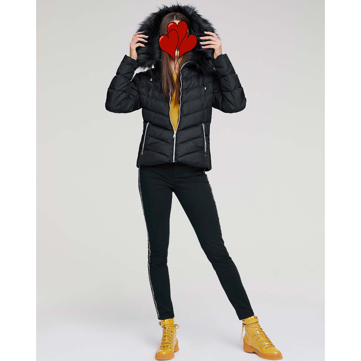 Designer-Steppjacke m. Webpelz schwarz