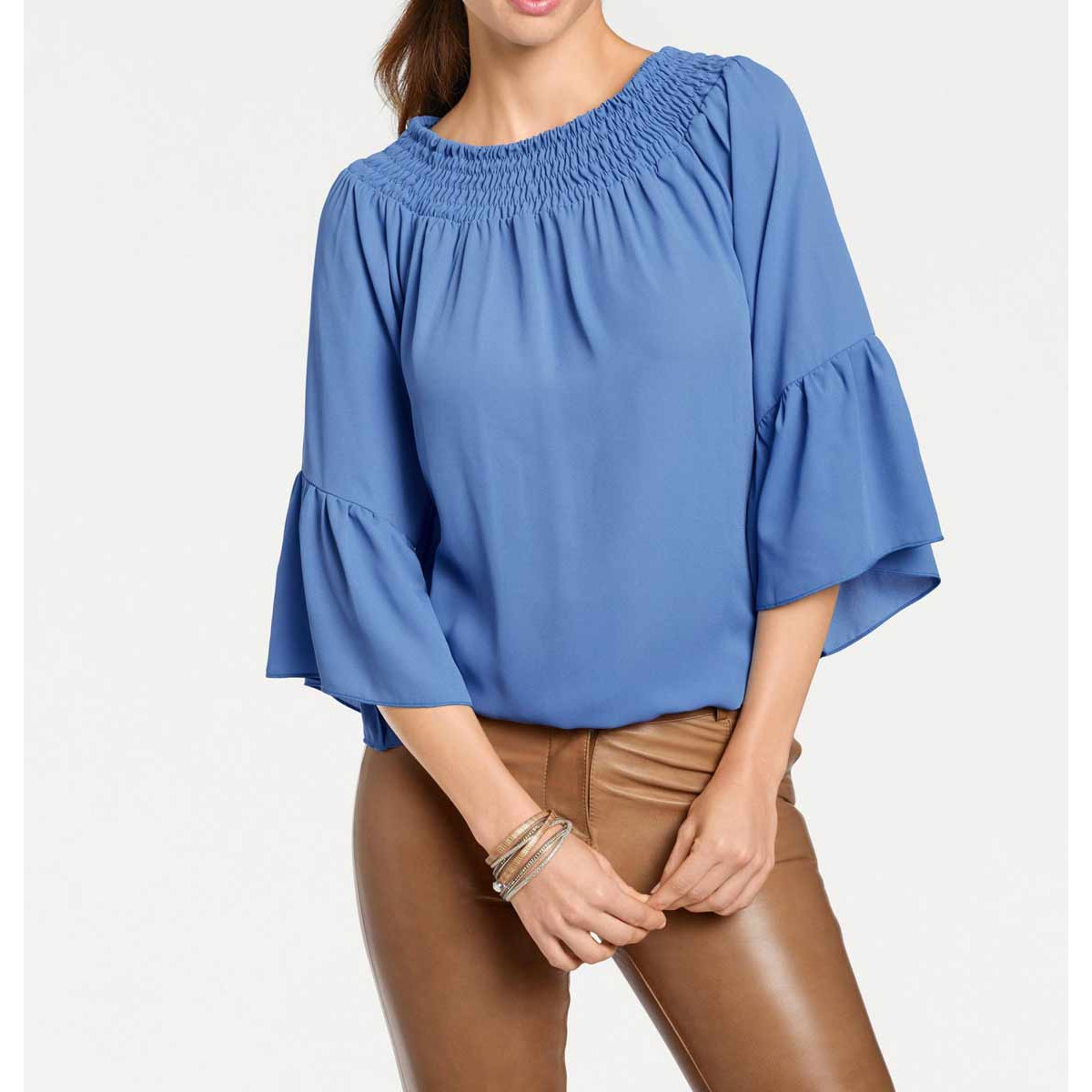 Designer-Volant-Carmenbluse blau
