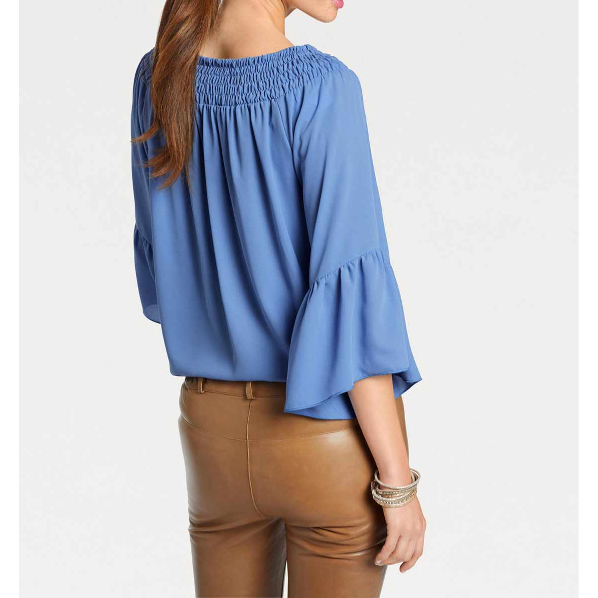 Designer-Volant-Carmenbluse blau