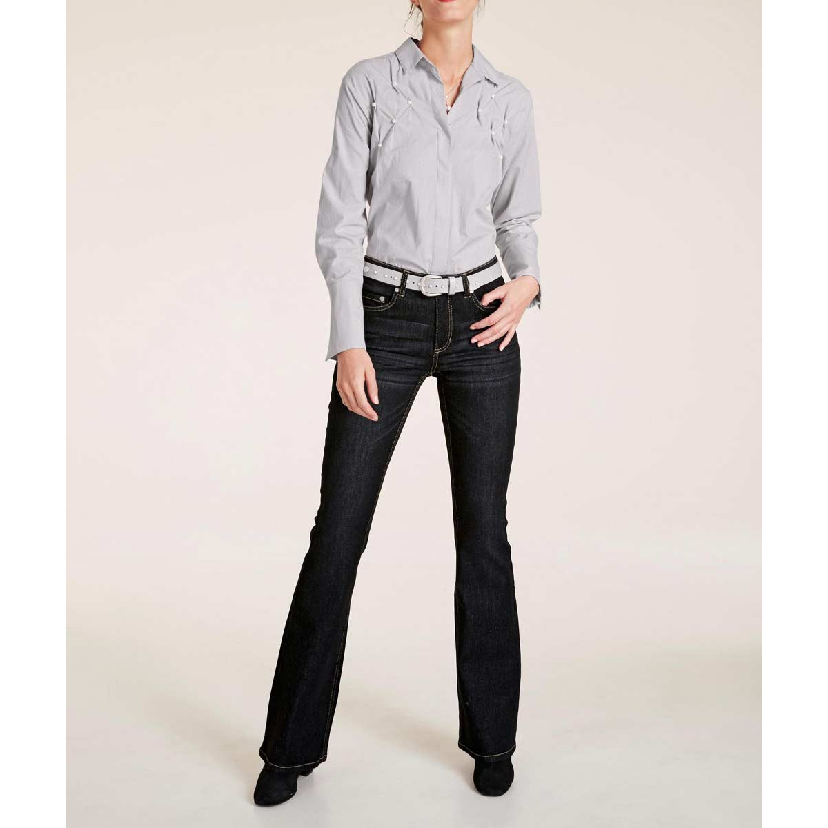 Designer-Bluse m. Perlen grau
