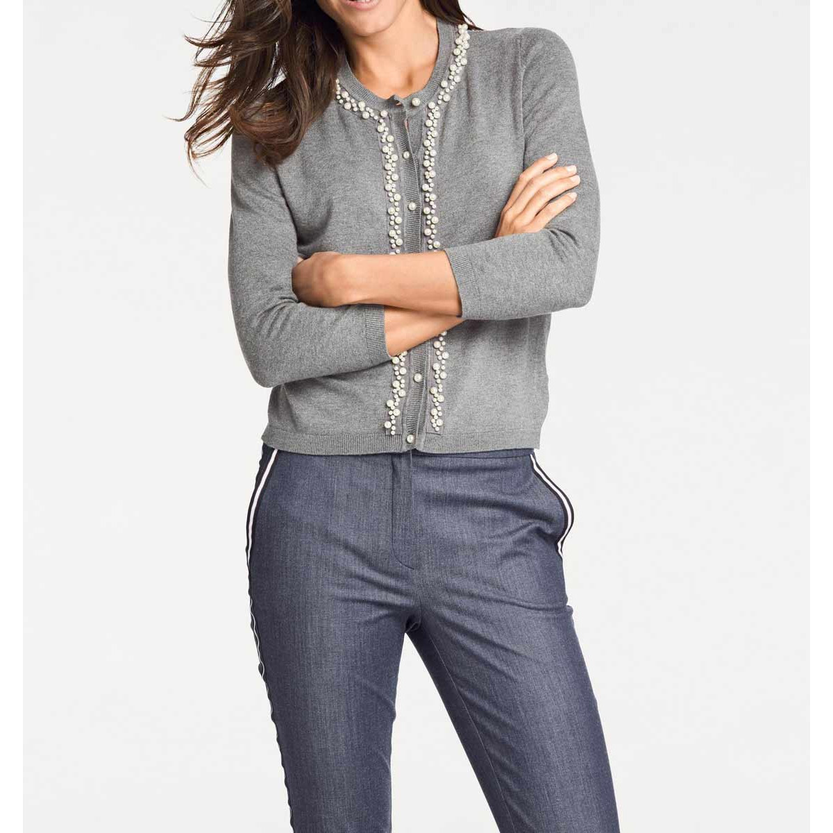Designer-Cardigan m. Perlen grau