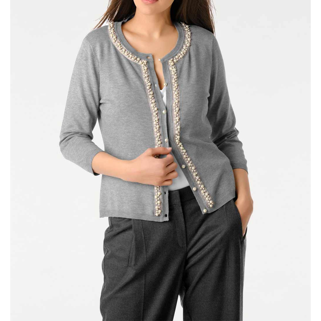 Designer-Cardigan m. Perlen grau