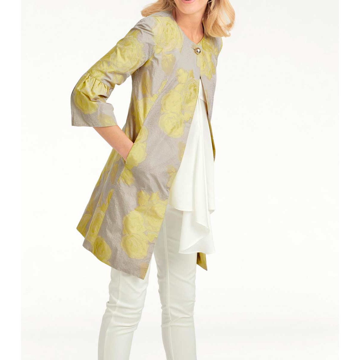 Designer-Jacquard-Longblazer sand-gelb