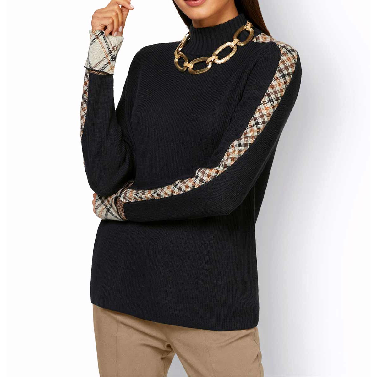 Stehkragenpullover schwarz-sand-gemustert