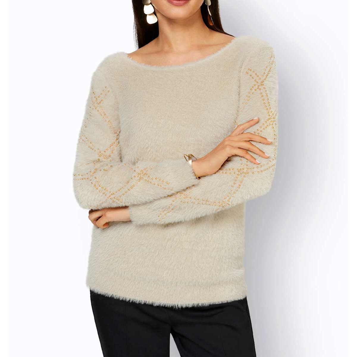 Flausch-Pullover m.Zierperlen sand