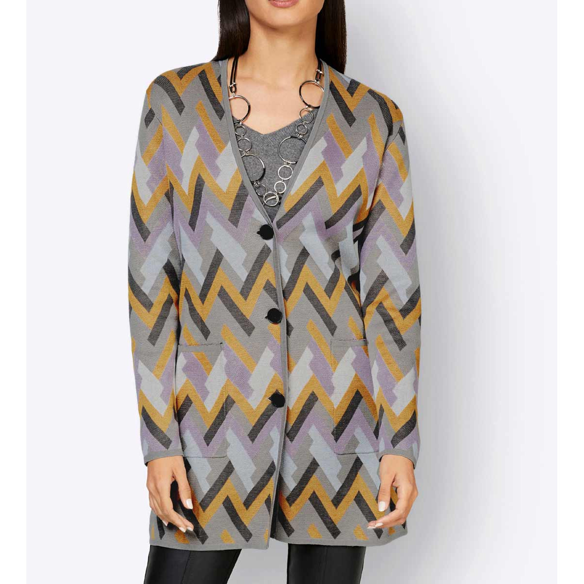 Cardigan m. Zick-Zackmuster steingrau-ocker