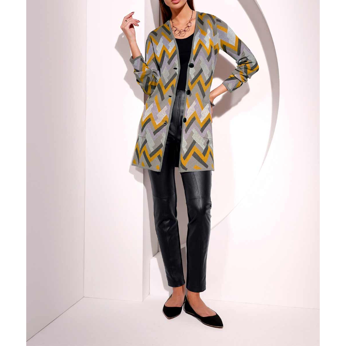 Cardigan m. Zick-Zackmuster steingrau-ocker