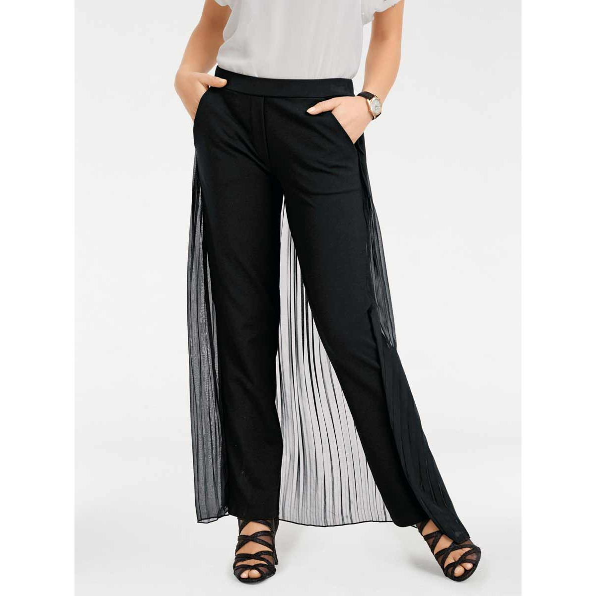 Designer-Hose m. Chiffonüberwurf schwarz