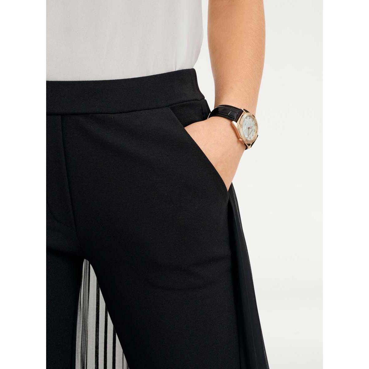Designer-Hose m. Chiffonüberwurf schwarz