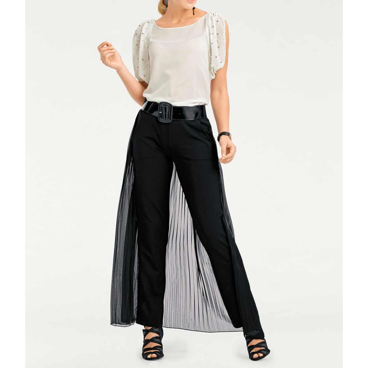 Designer-Hose m. Chiffonüberwurf schwarz