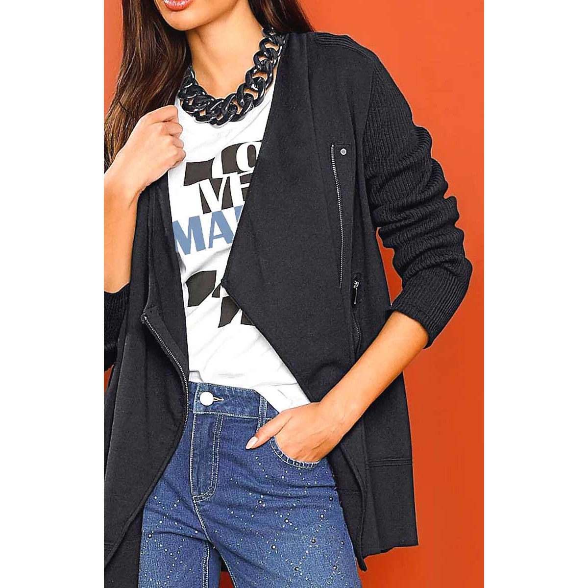 Designer-Reißverschluß-Strickjacke schwarz