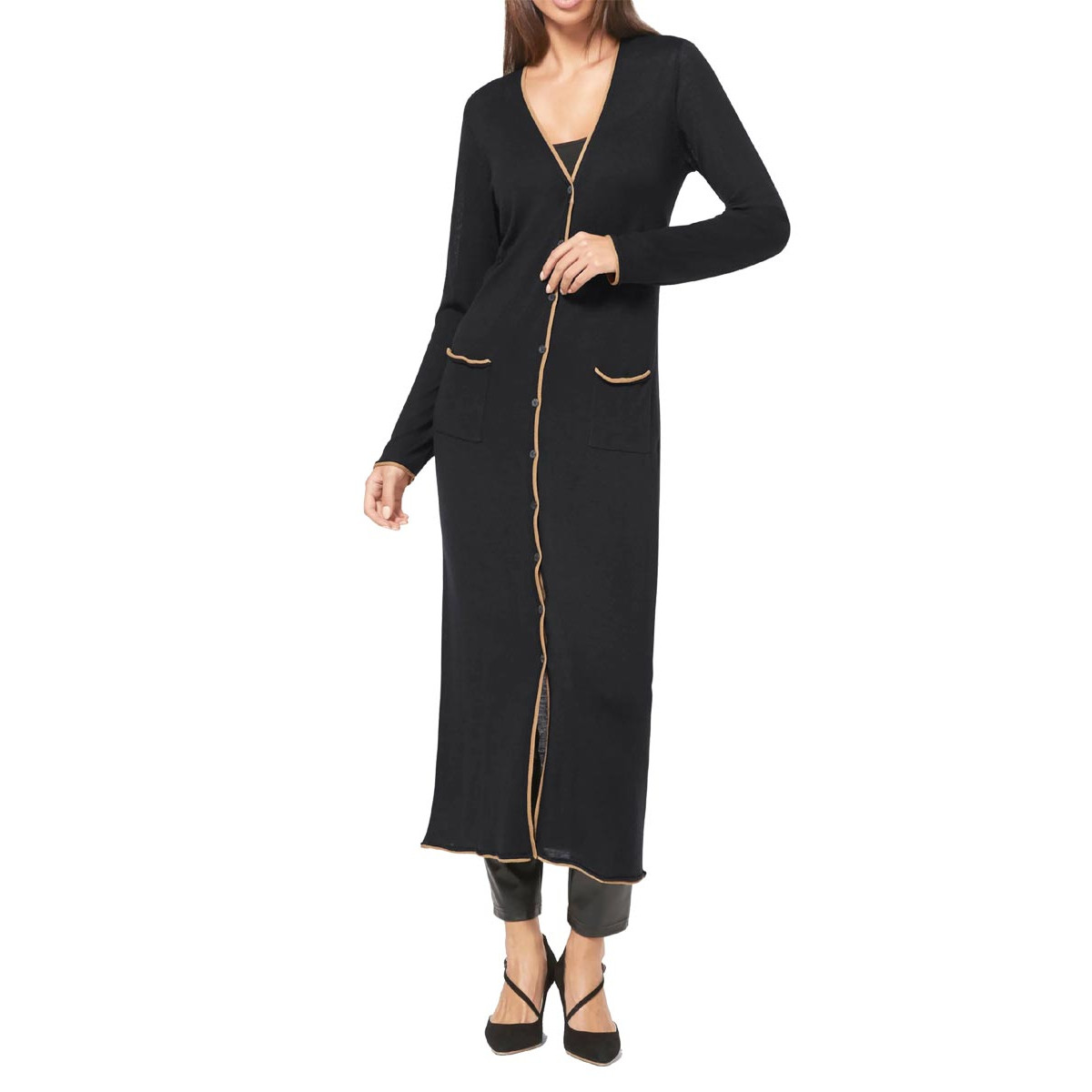 Designer-Feinstrickmantel schwarz-camel