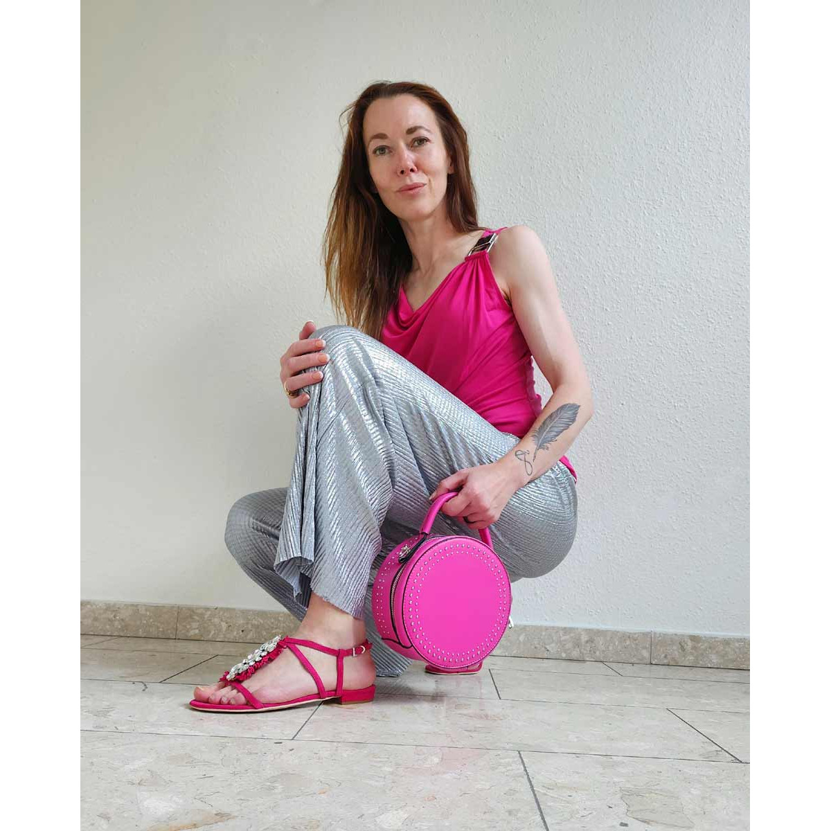 Designer-Velourslederdianette m. Strass pink