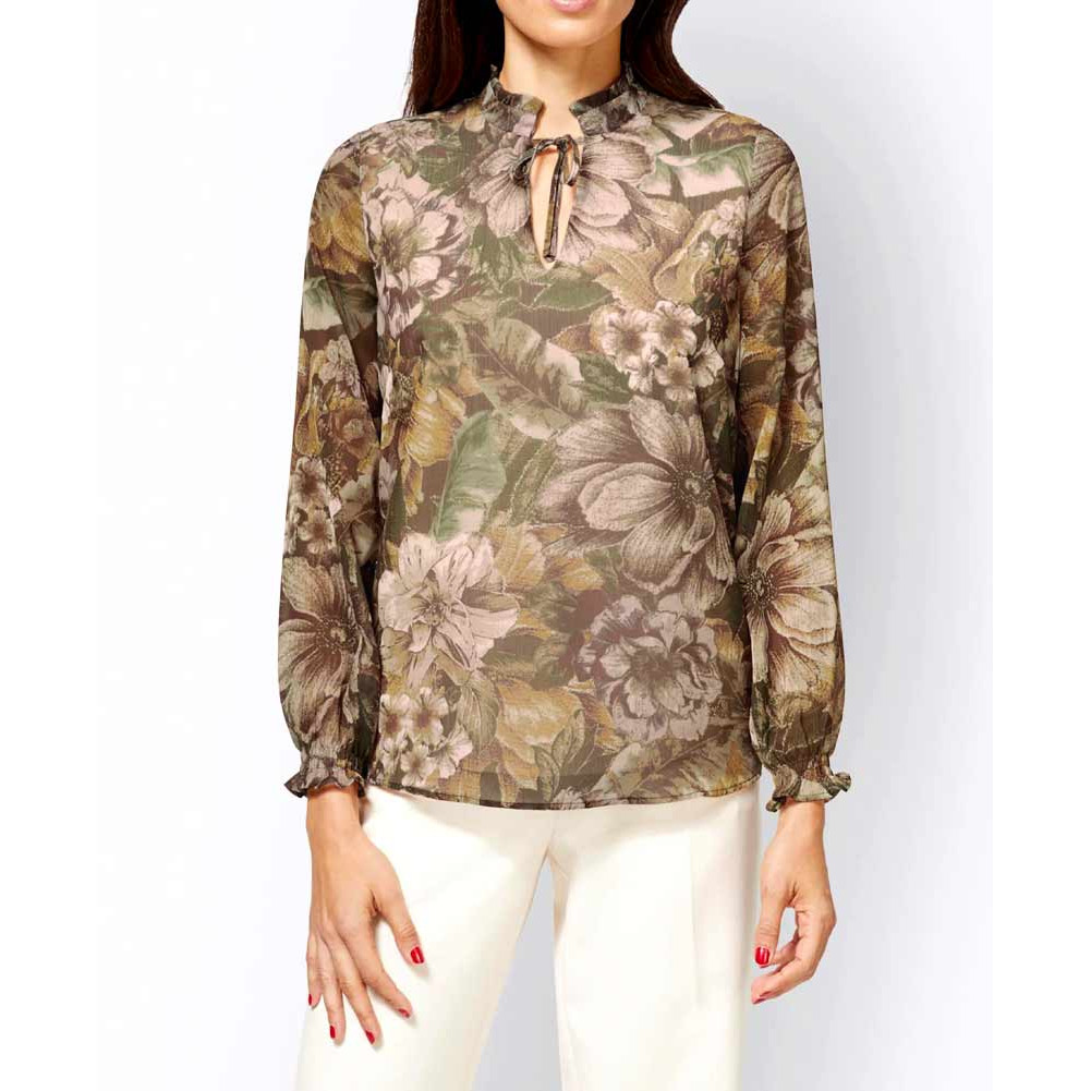 Designer-Druckbluse camel-olive-bedruckt