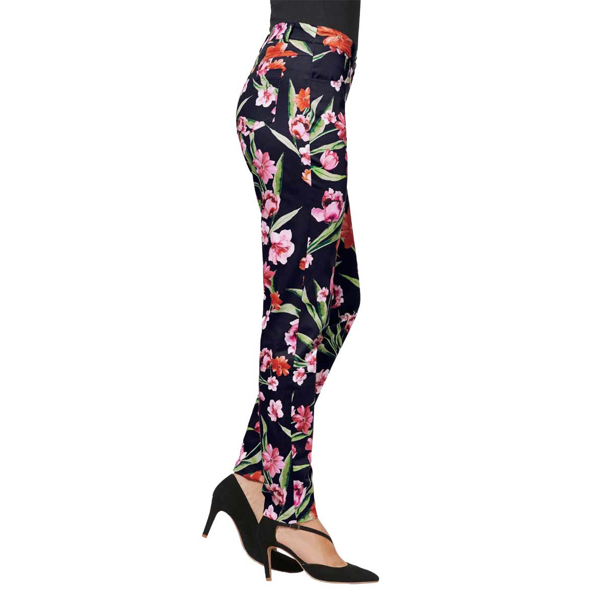 Designer-Bauchweg-Stretchhose schwarz-rot-bedruckt