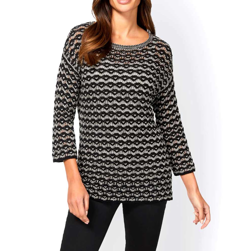 Designer-Pullover in Häkel-Optik schwarz-sand