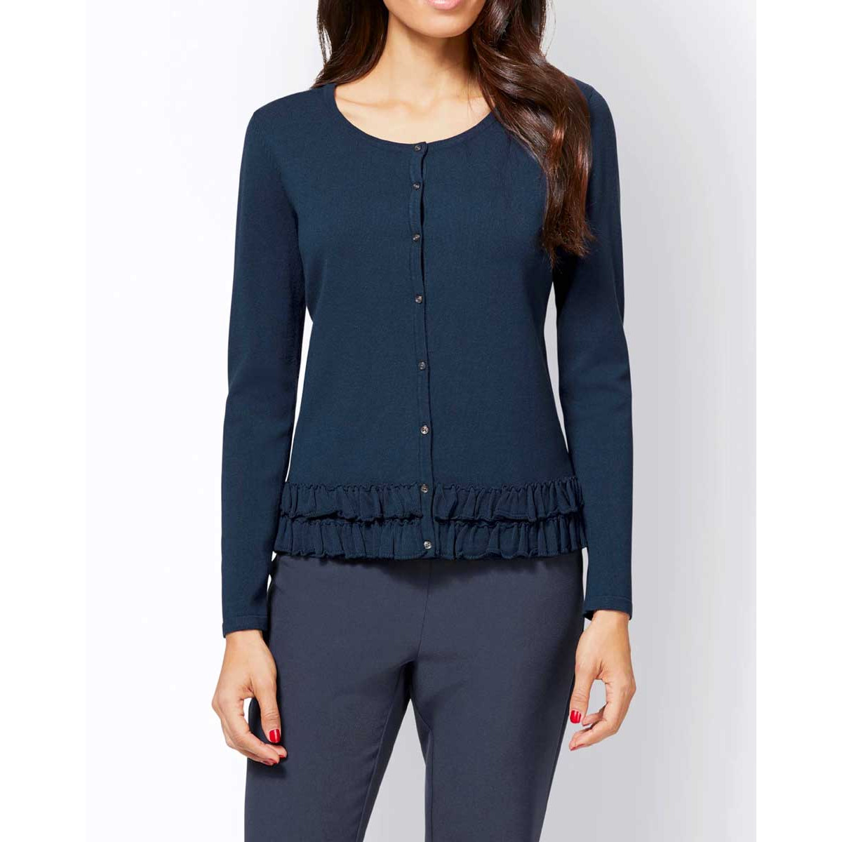 Designer-Feinstrickjacke m. Rüschen blau