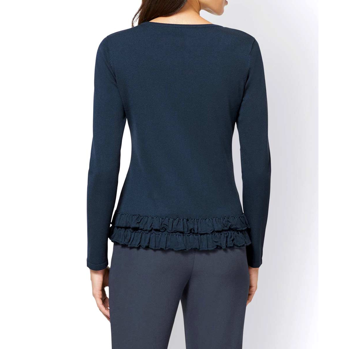 Designer-Feinstrickjacke m. Rüschen blau