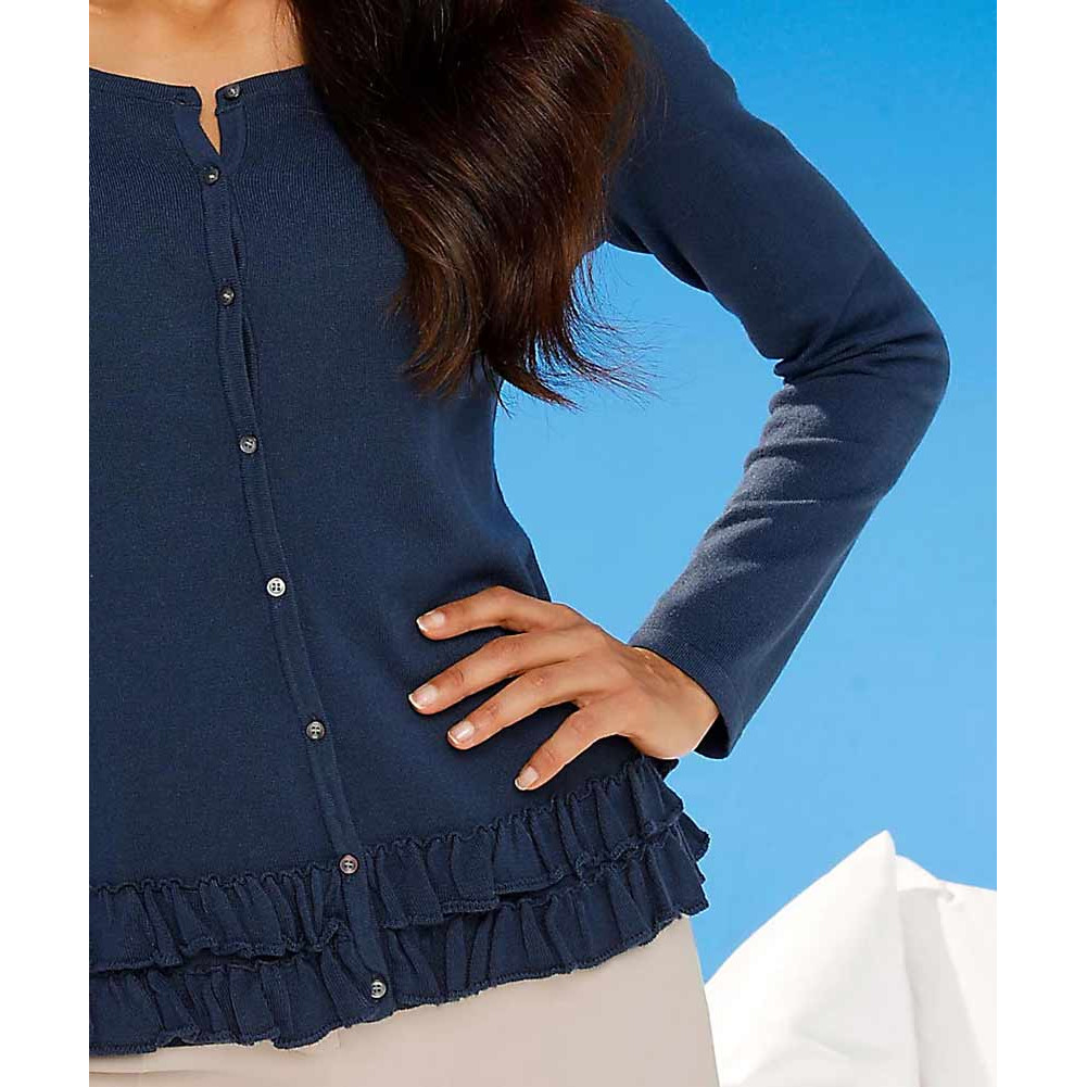 Designer-Feinstrickjacke m. Rüschen blau