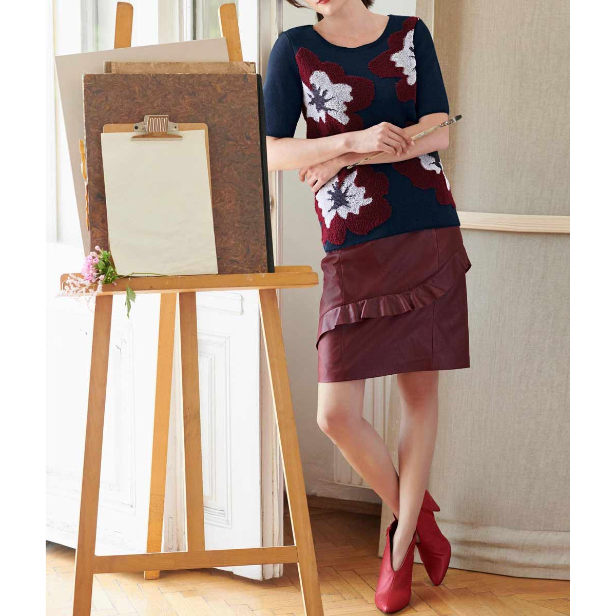 Designer-Lammnappalederrock bordeaux