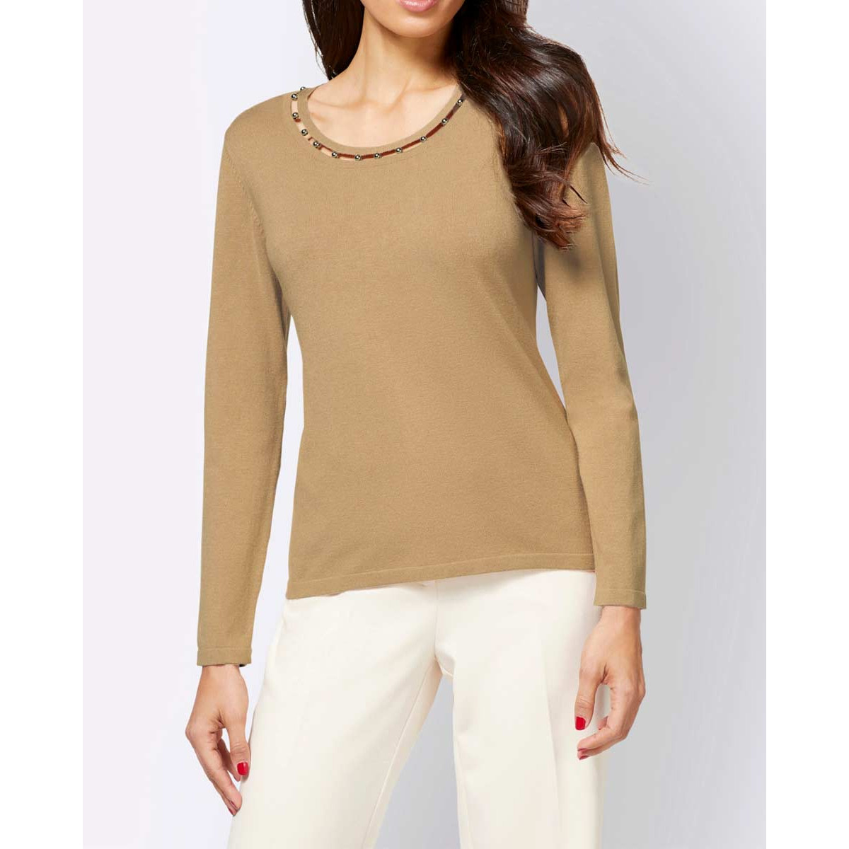 Designer-Pullover m. Zierperlen camel