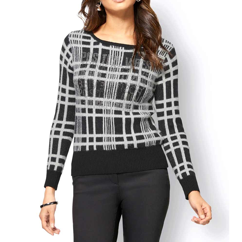 Pullover m. Strass schwarz-weiß-kariert