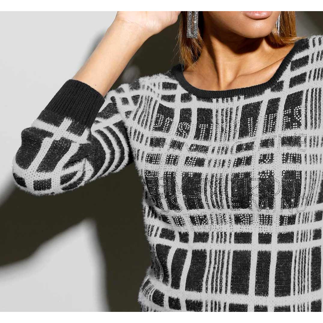 Pullover m. Strass schwarz-weiß-kariert