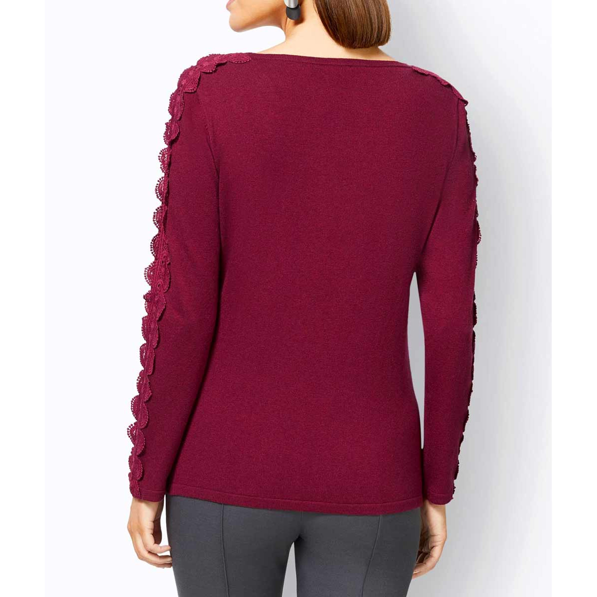 Pullover m. Seide u. Spitze dunkelrot