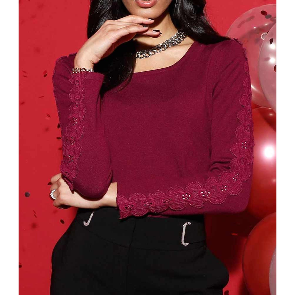 Pullover m. Seide u. Spitze dunkelrot