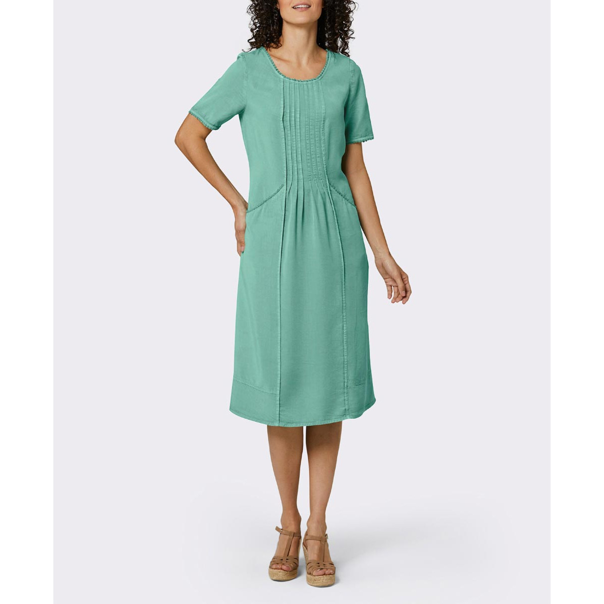 Lyocell-Kleid m.Biesen und Spitzenborte salbei