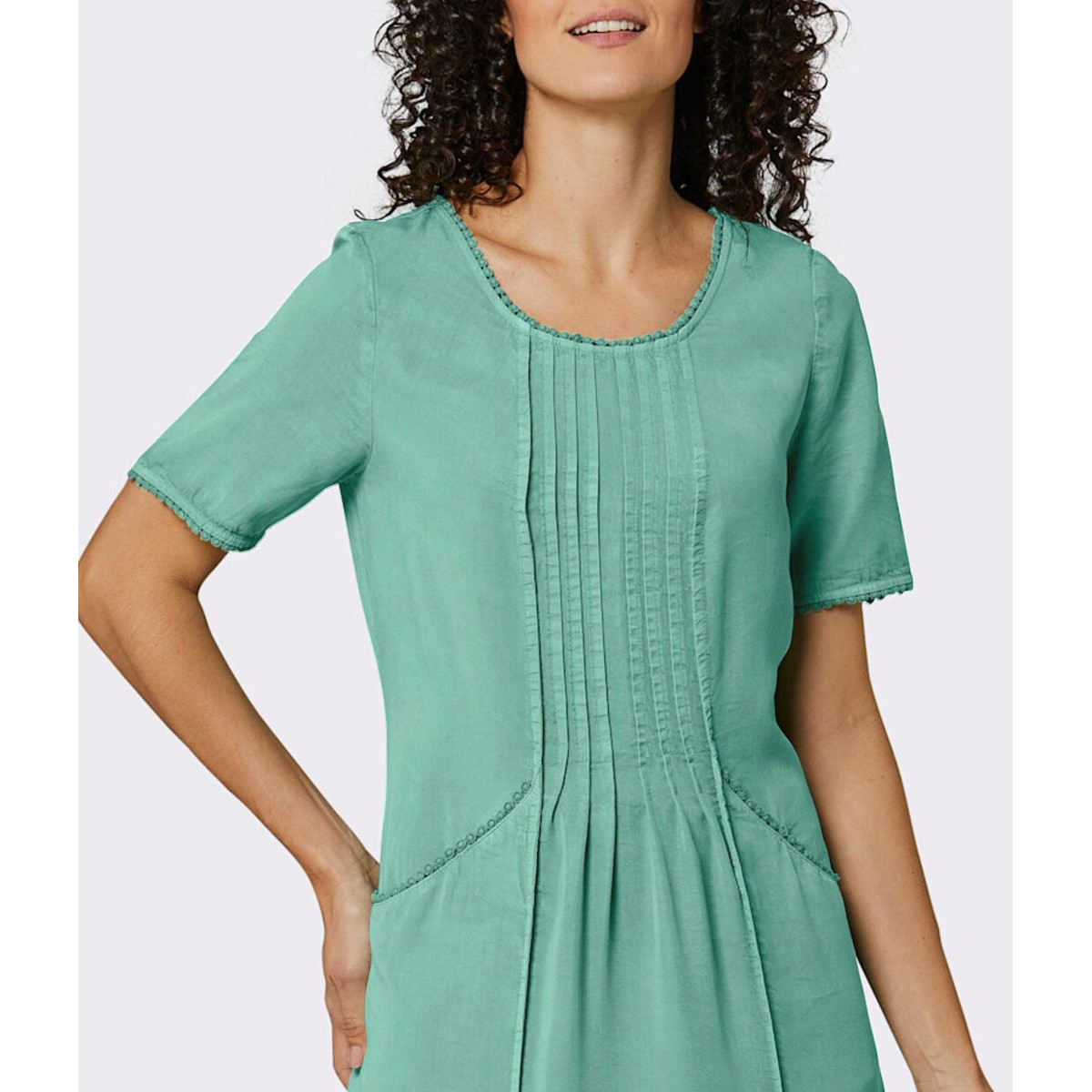 Lyocell-Kleid m.Biesen und Spitzenborte salbei