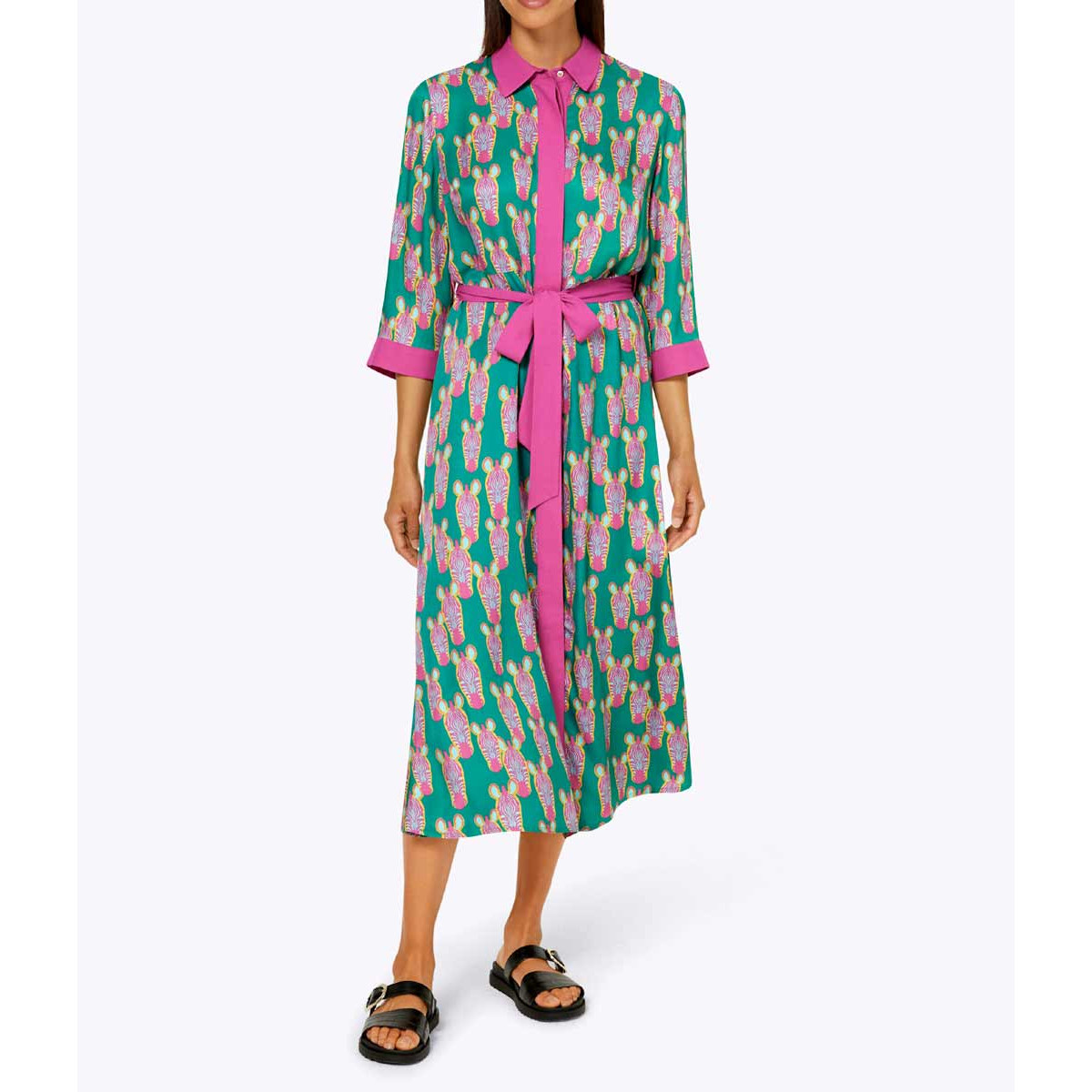 Designer-Hemdblusenkleid grün-fuchsia-bedruckt
