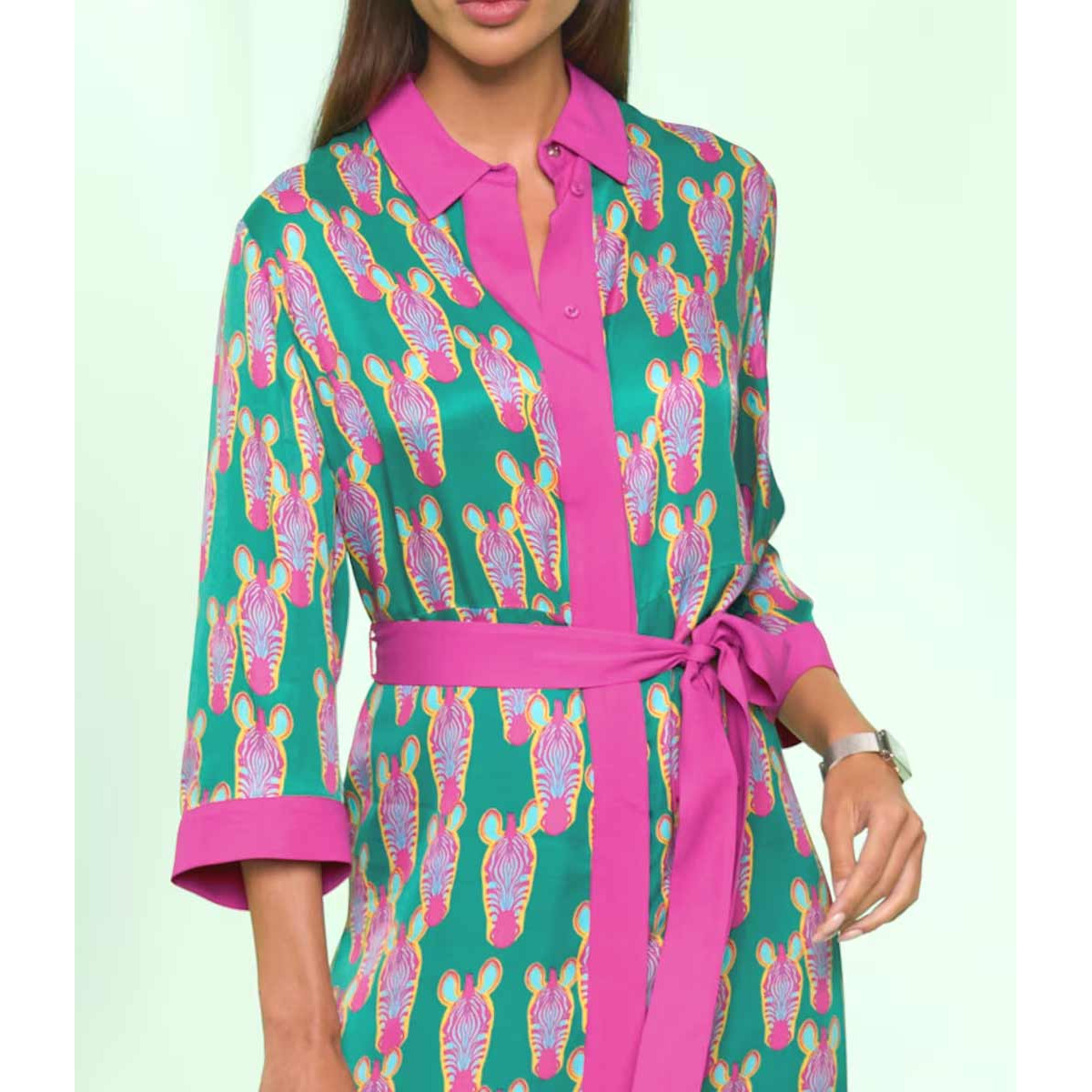 Designer-Hemdblusenkleid grün-fuchsia-bedruckt