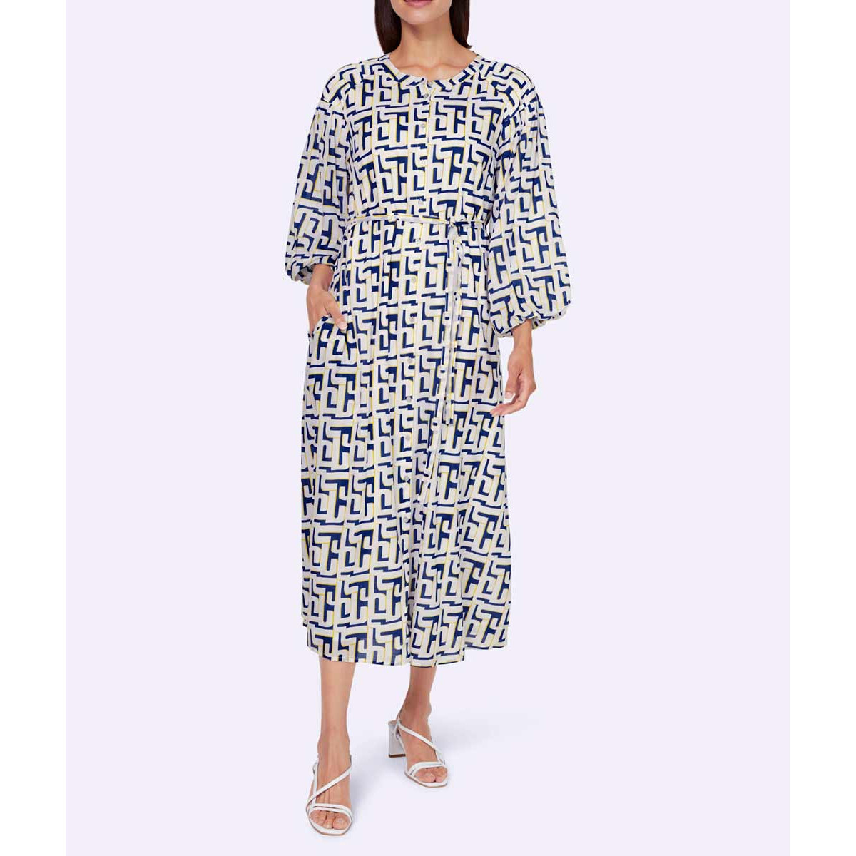 Designer-Druckkleid weiß-royalblau-gelb