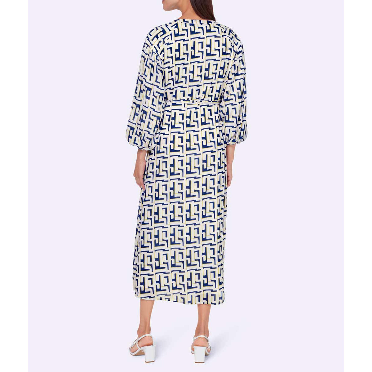 Designer-Druckkleid weiß-royalblau-gelb