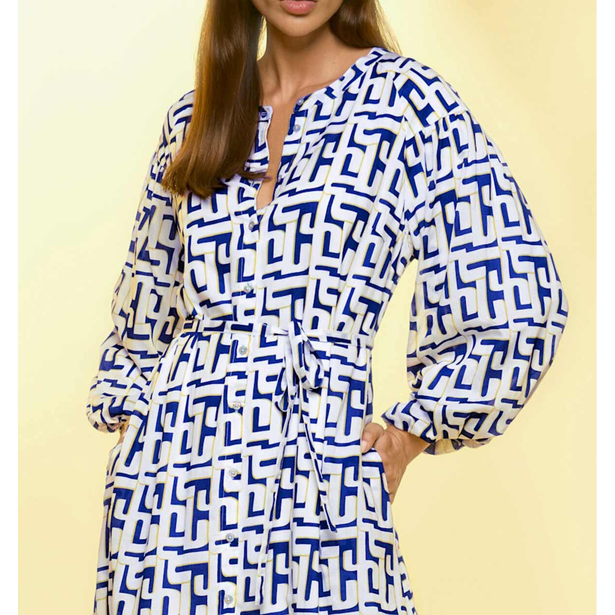 Designer-Druckkleid weiß-royalblau-gelb